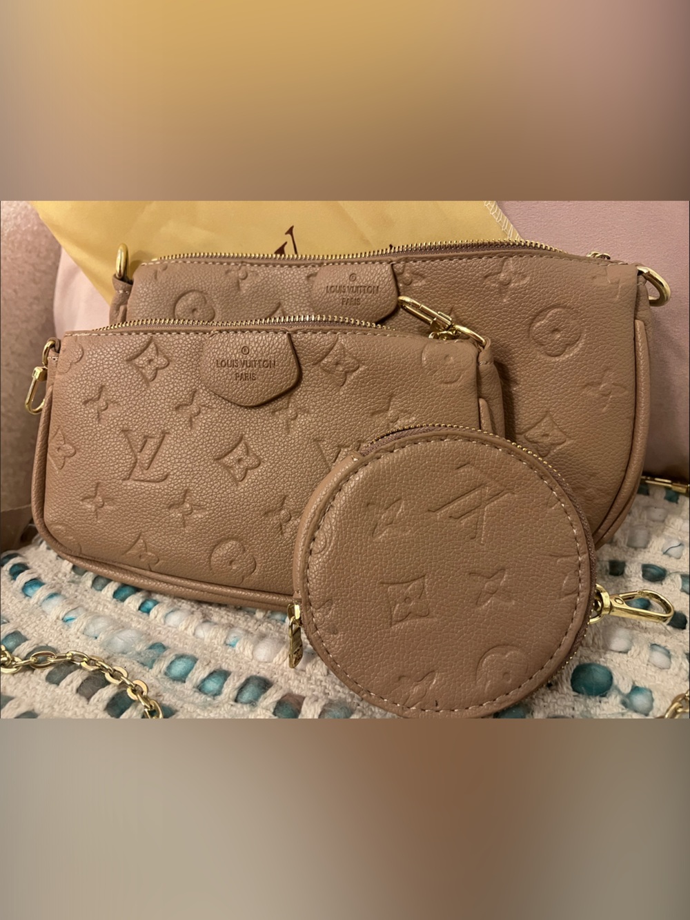 INSPIRED Tan Monogram Embossed Multi Pochette Bag with Gold Hardware - Picture 2 of 12